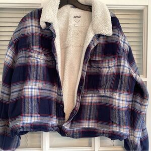 aerie Navy Plaid Sherpa Jacket